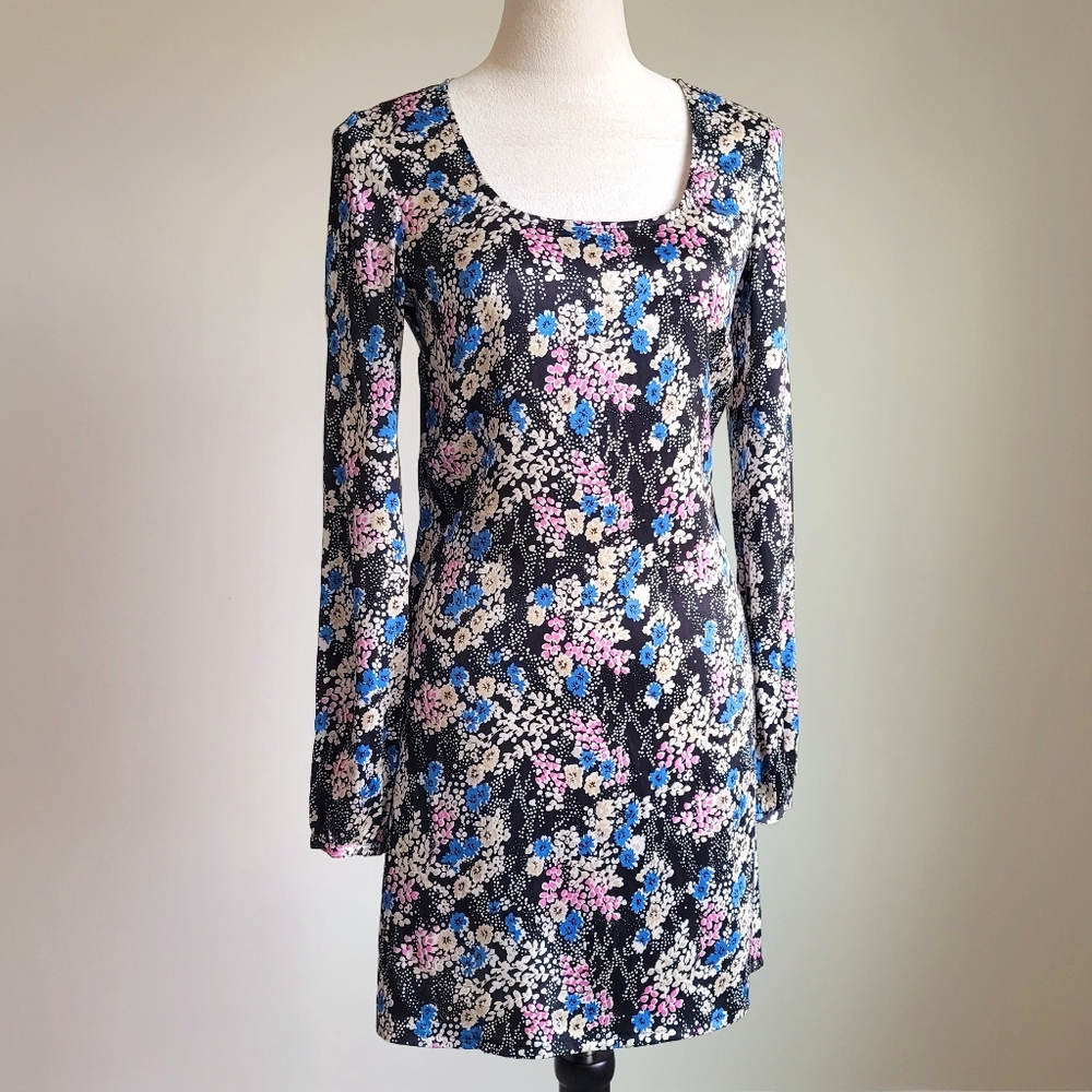 Vintage Express Floral Silk Long Sleeve Dress, Size XS